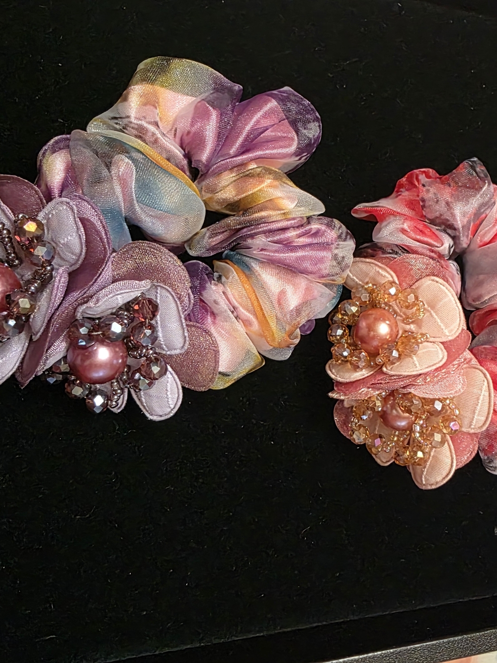 Beaded Floral Satin Scrunchie - Pink & Multicolor
